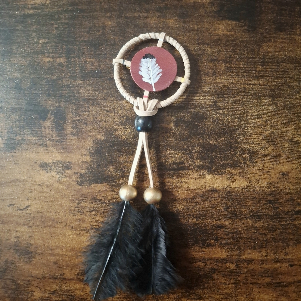 First Nations Native Red and Black Feather Hand Painted Medecine Wheel Pin